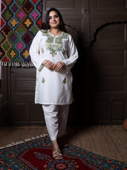 Off-White Zari & Green Aari Embroidered Kashmiri Cotton Co-Ord Set