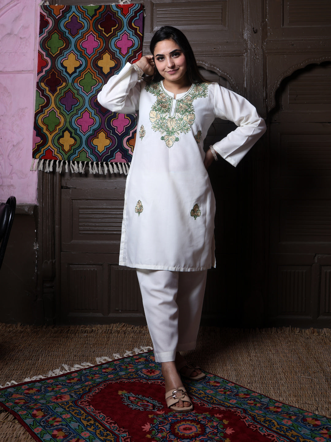 Off-White Zari & Green Aari Embroidered Kashmiri Cotton Co-Ord Set