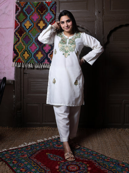 Off-White Zari & Green Aari Embroidered Kashmiri Cotton Co-Ord Set