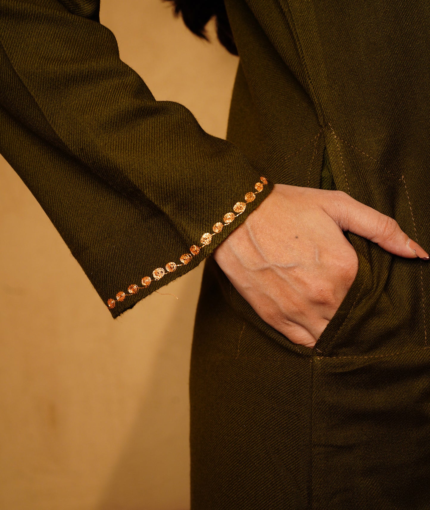 Olive Green Tilla Embroidered Woolen Co-ord Set