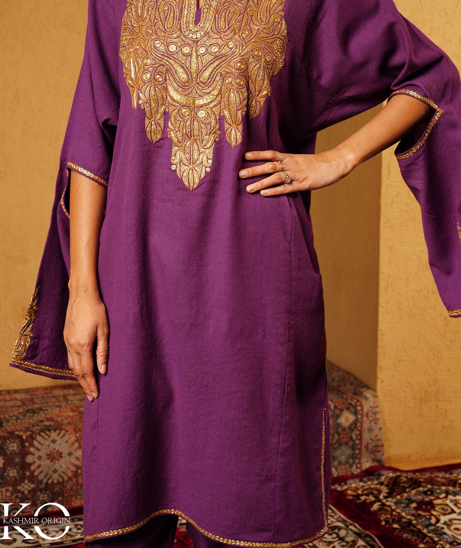 Purple Tilla Embroidered Pure Woolen Pheran Set With Shawl | Tradational Quraab Sleeve Design