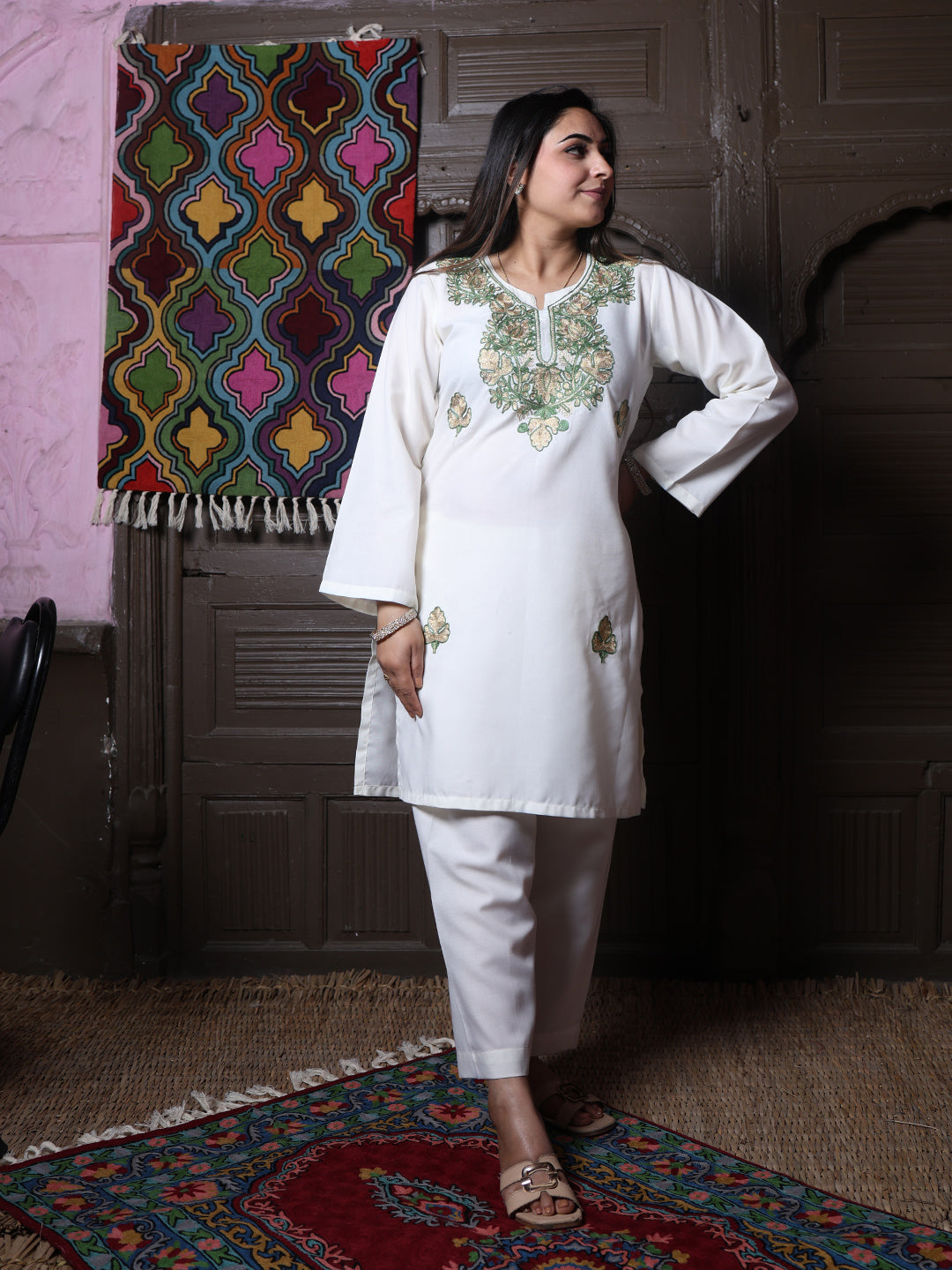Off-White Zari & Green Aari Embroidered Kashmiri Cotton Co-Ord Set