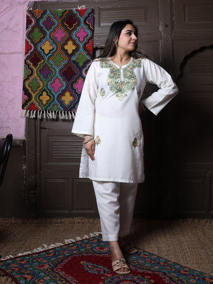 Off-White Zari & Green Aari Embroidered Kashmiri Cotton Co-Ord Set