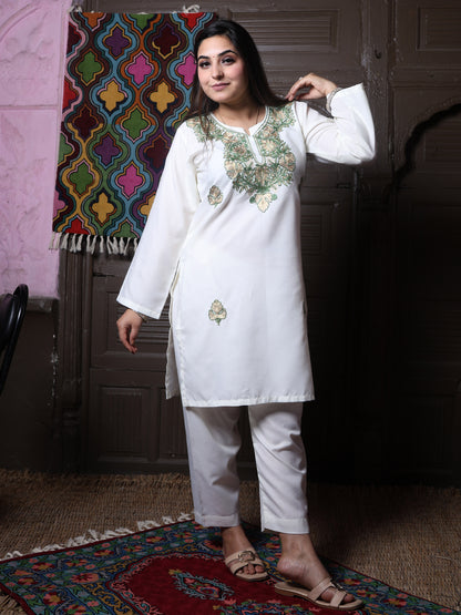 Off-White Zari & Green Aari Embroidered Kashmiri Cotton Co-Ord Set