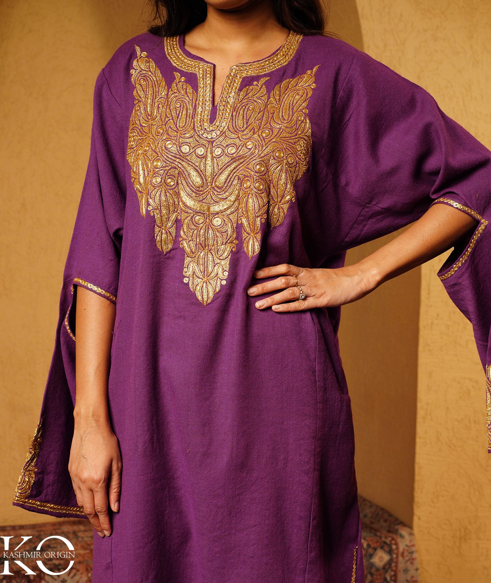 Purple Tilla Embroidered Pure Woolen Pheran Set With Shawl | Tradational Quraab Sleeve Design