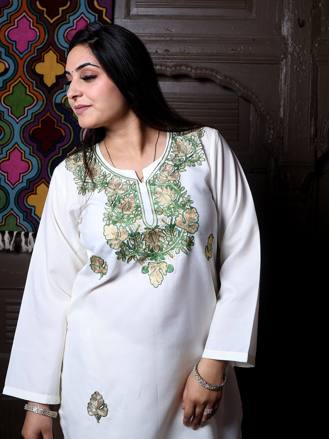 Off-White Zari & Green Aari Embroidered Kashmiri Cotton Co-Ord Set