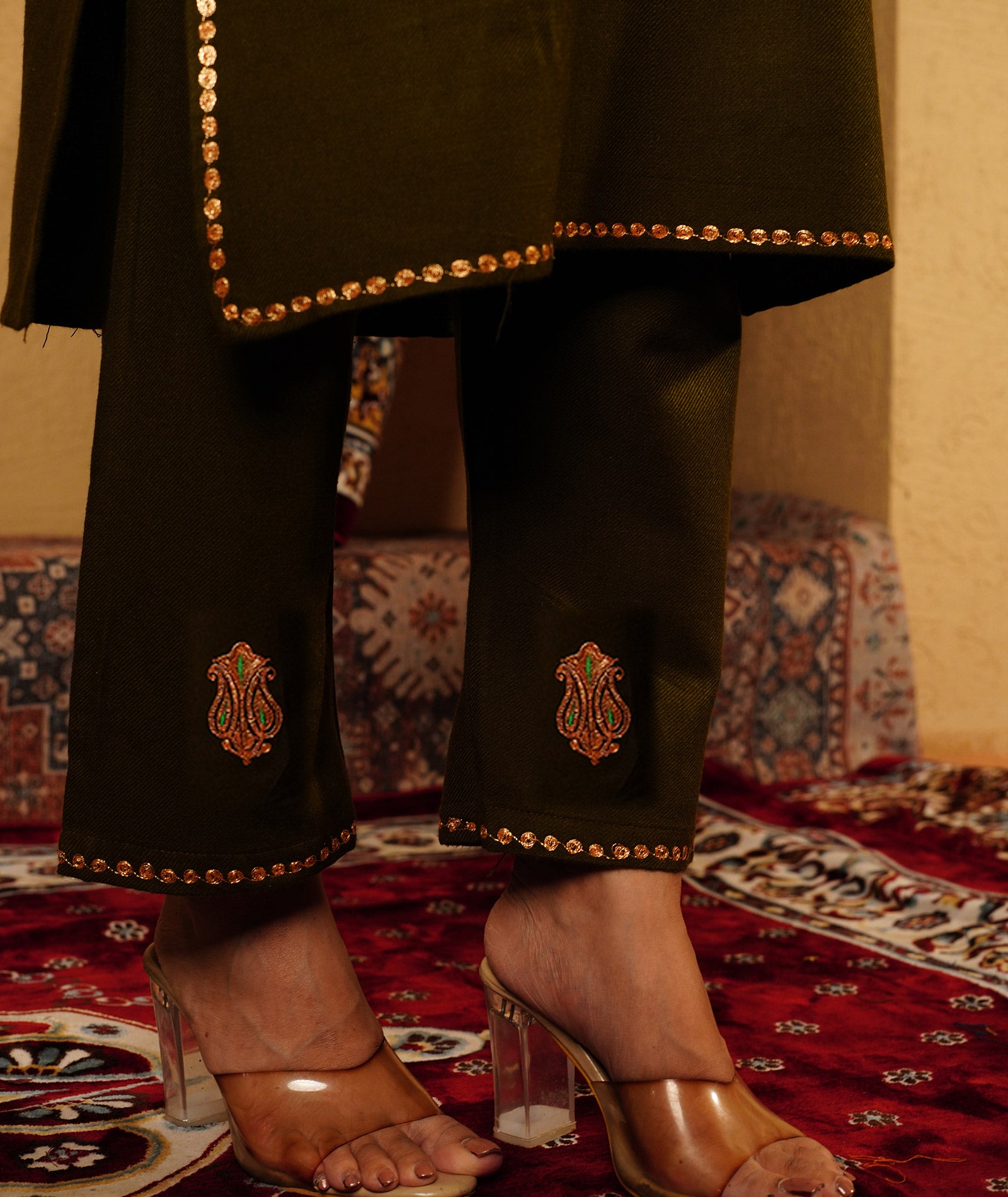 Olive Green Tilla Embroidered Woolen Co-ord Set