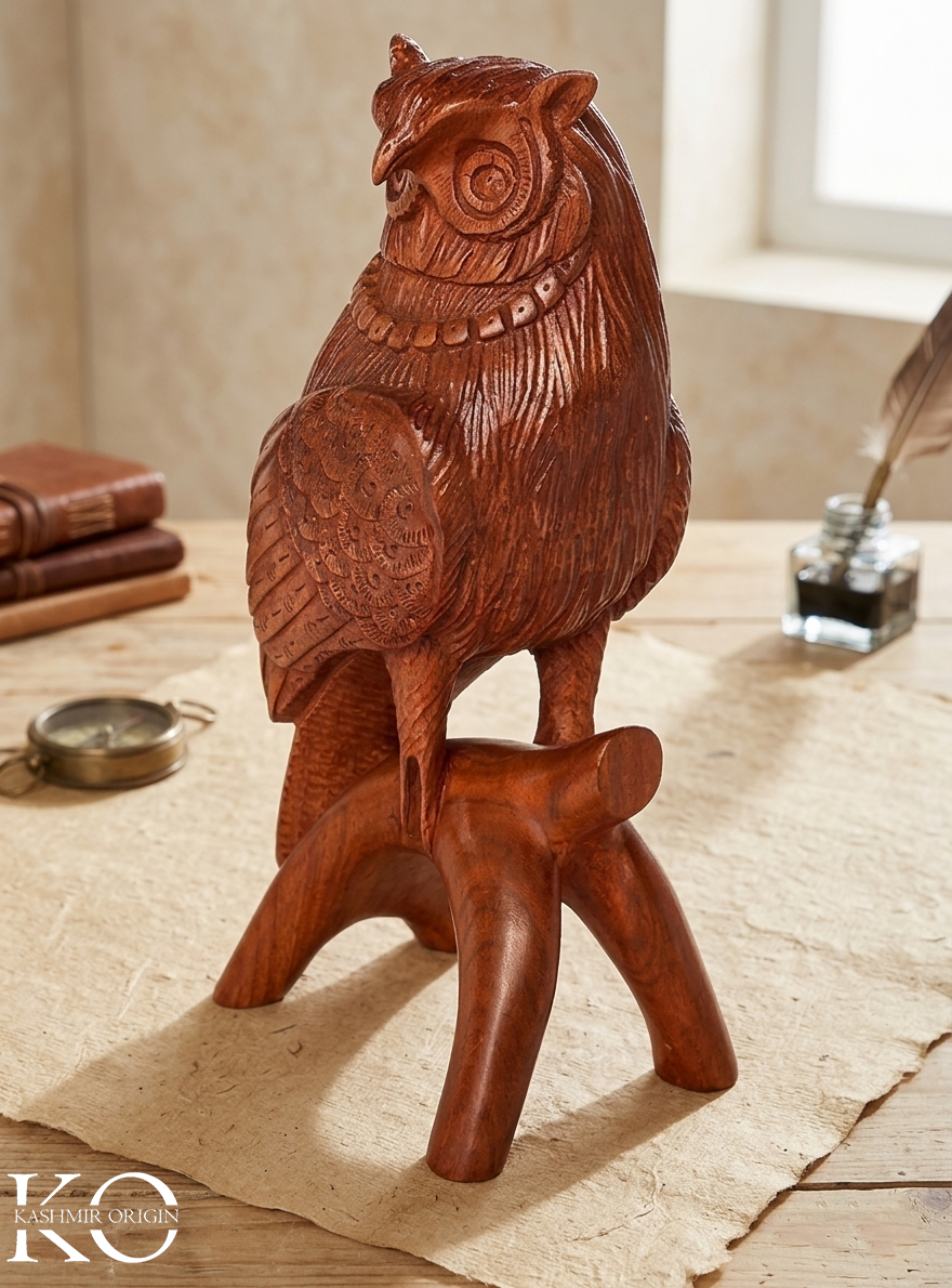 Handcrafted Kashmiri Walnut Wood Owl Figurine, Decorative Owl Statue | Feng Shui Decor