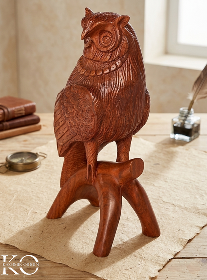 Handcrafted Kashmiri Walnut Wood Owl Figurine, Decorative Owl Statue | Feng Shui Decor