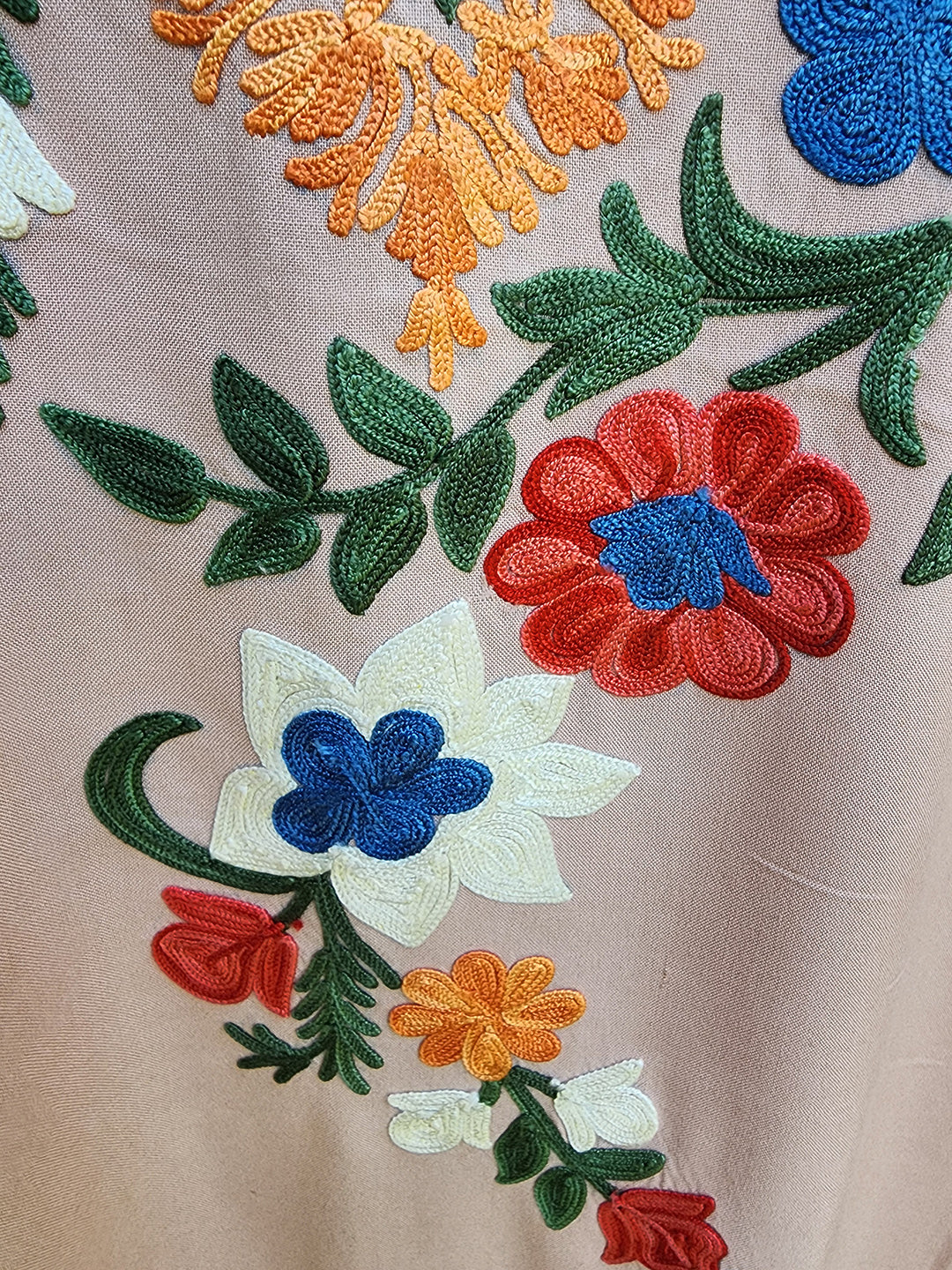 Light Rose Pink Aari Embroidered Floral Spray Rayon Cotton Kaftan with