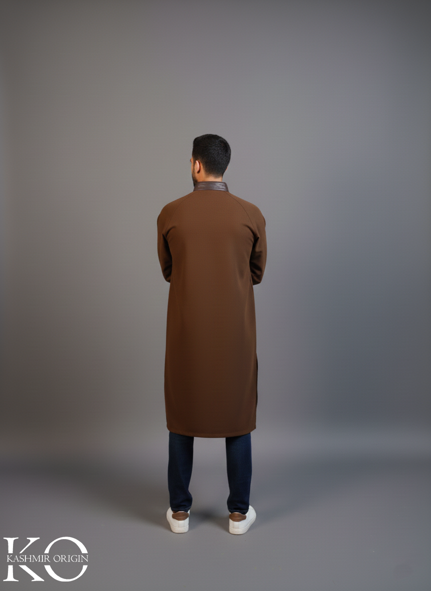 Brown Men's Mandarin Collar Pheran | Kashmiri Long Robe | Winter Phirans