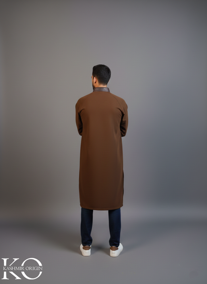 Brown Men's Mandarin Collar Pheran | Kashmiri Long Robe | Winter Phirans