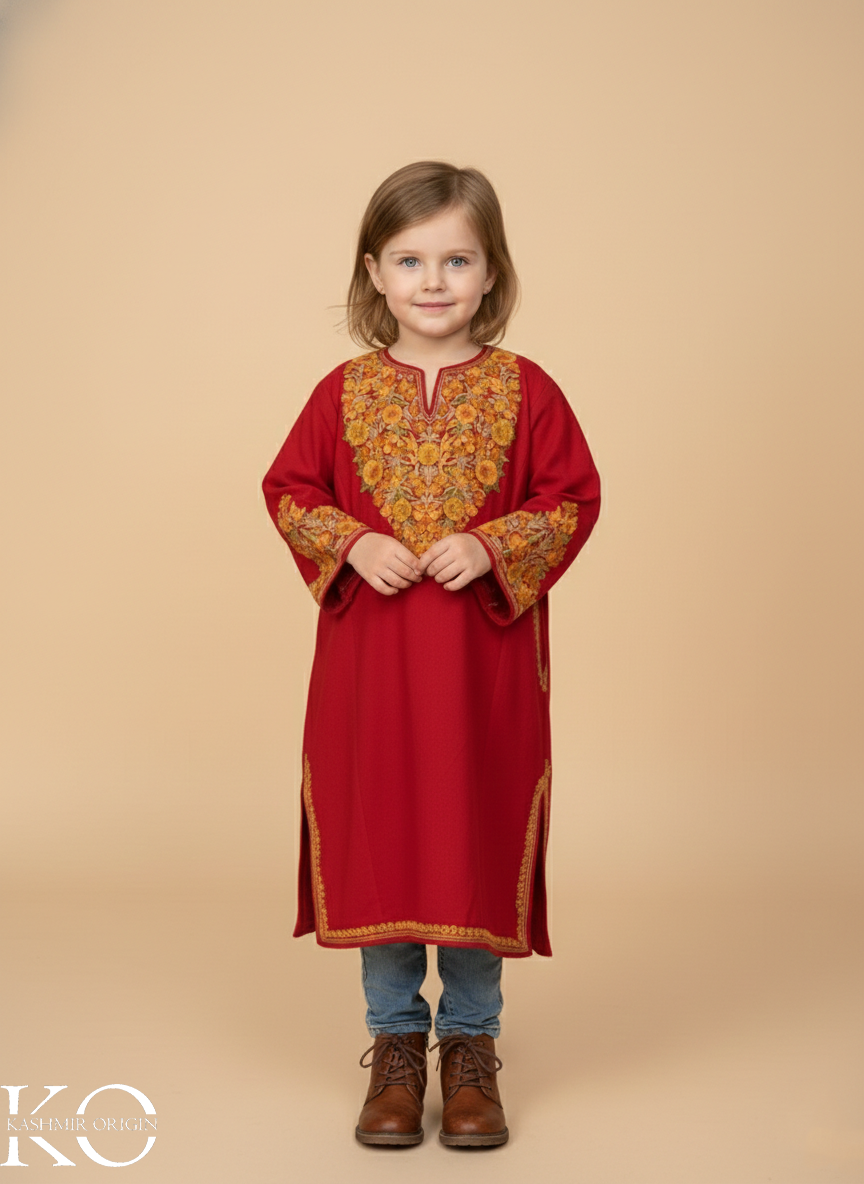 Red Top Seller Floral Aari Embroidered Woolen Kids Pheran | Girls Pheran | Kids Wear