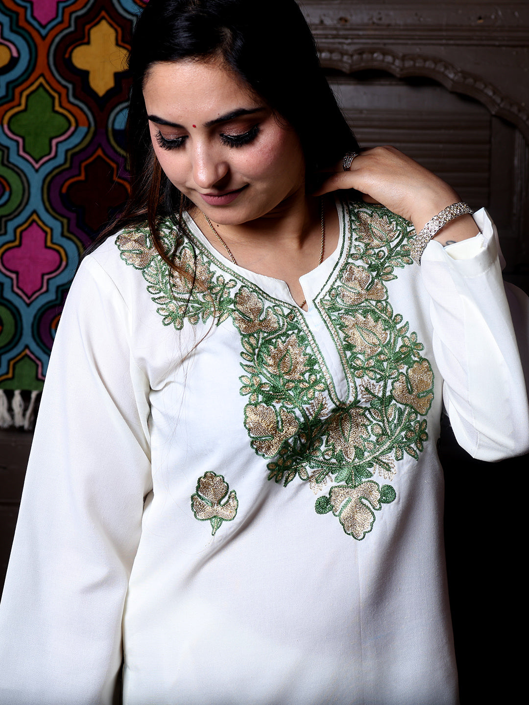 Off-White Zari & Green Aari Embroidered Kashmiri Cotton Co-Ord Set