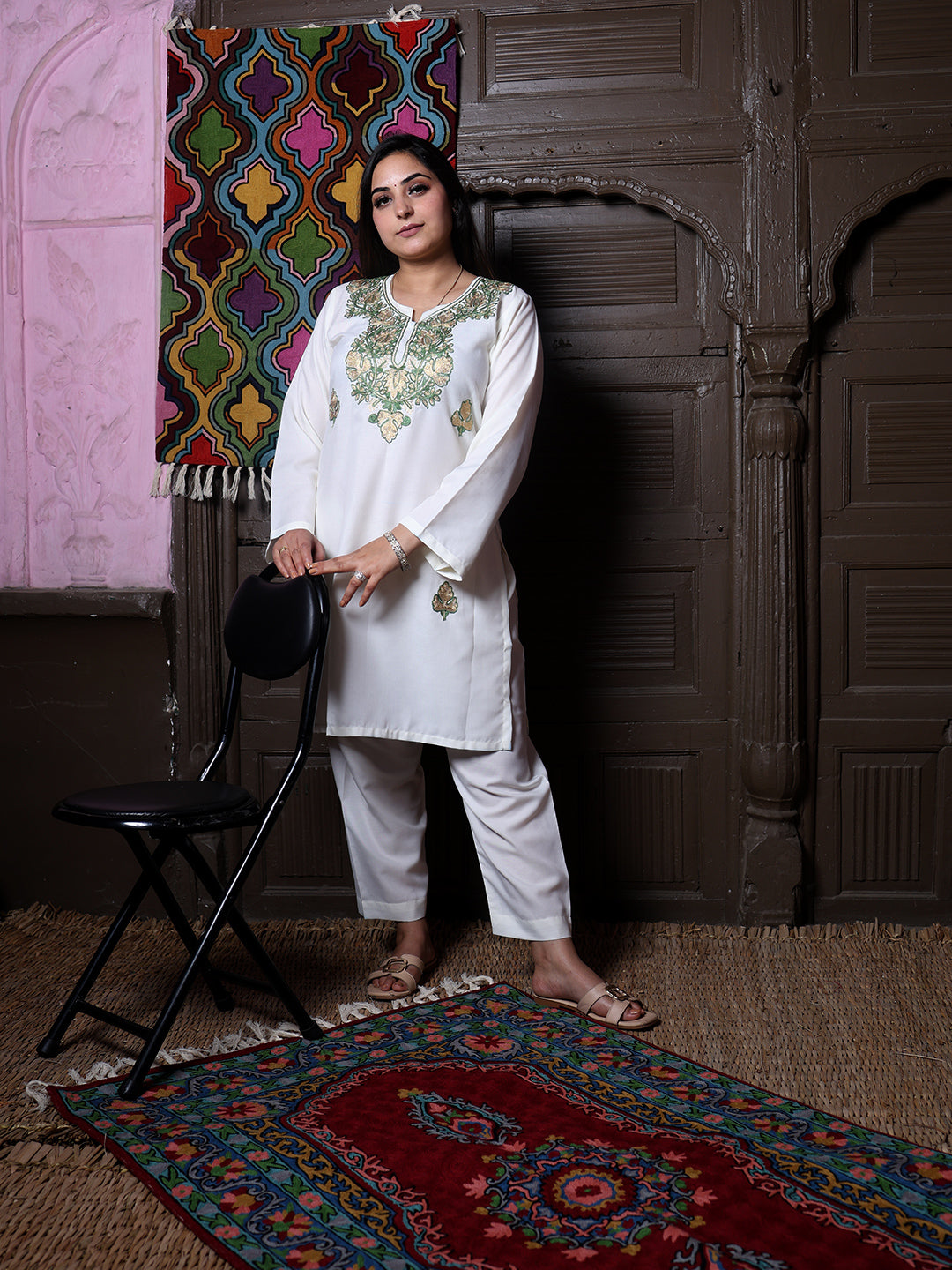 Off-White Zari & Green Aari Embroidered Kashmiri Cotton Co-Ord Set