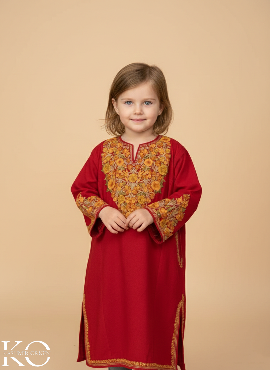 Red Top Seller Floral Aari Embroidered Woolen Kids Pheran | Girls Pheran | Kids Wear