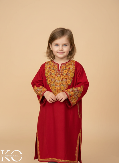 Red Top Seller Floral Aari Embroidered Woolen Kids Pheran | Girls Pheran | Kids Wear