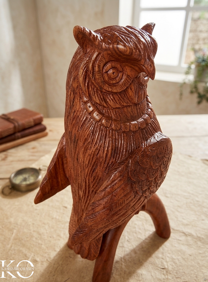 Handcrafted Kashmiri Walnut Wood Owl Figurine, Decorative Owl Statue | Feng Shui Decor