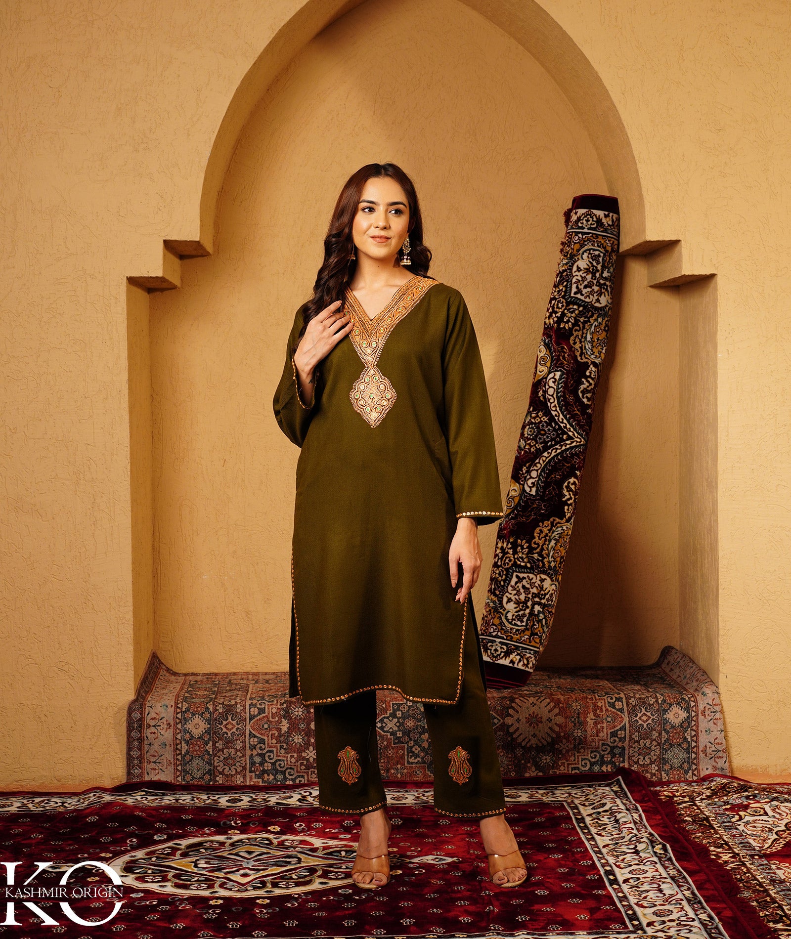 Olive Green Tilla Embroidered Woolen Co-ord Set