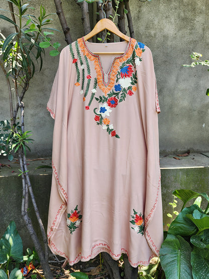 Light Rose Pink Aari Embroidered Floral Spray Rayon Cotton Kaftan with