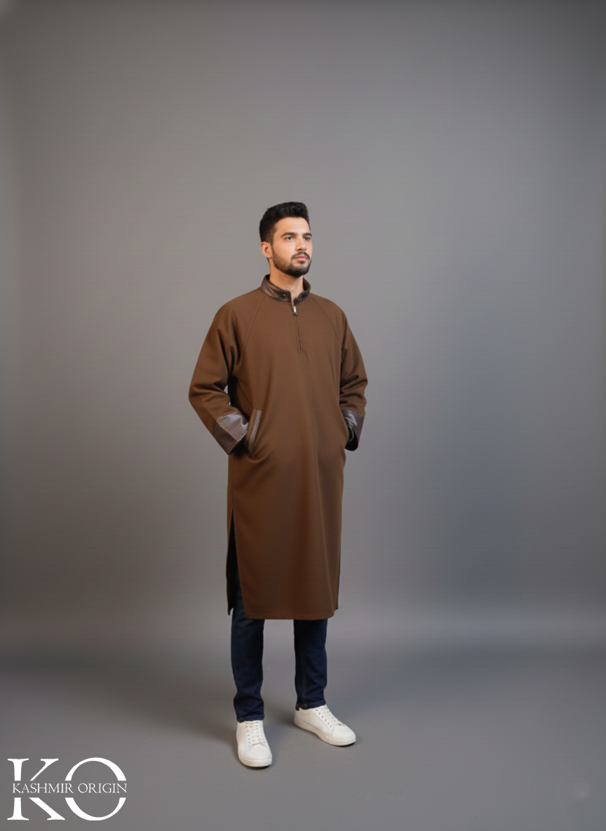 Brown Men's Mandarin Collar Pheran | Kashmiri Long Robe | Winter Phirans