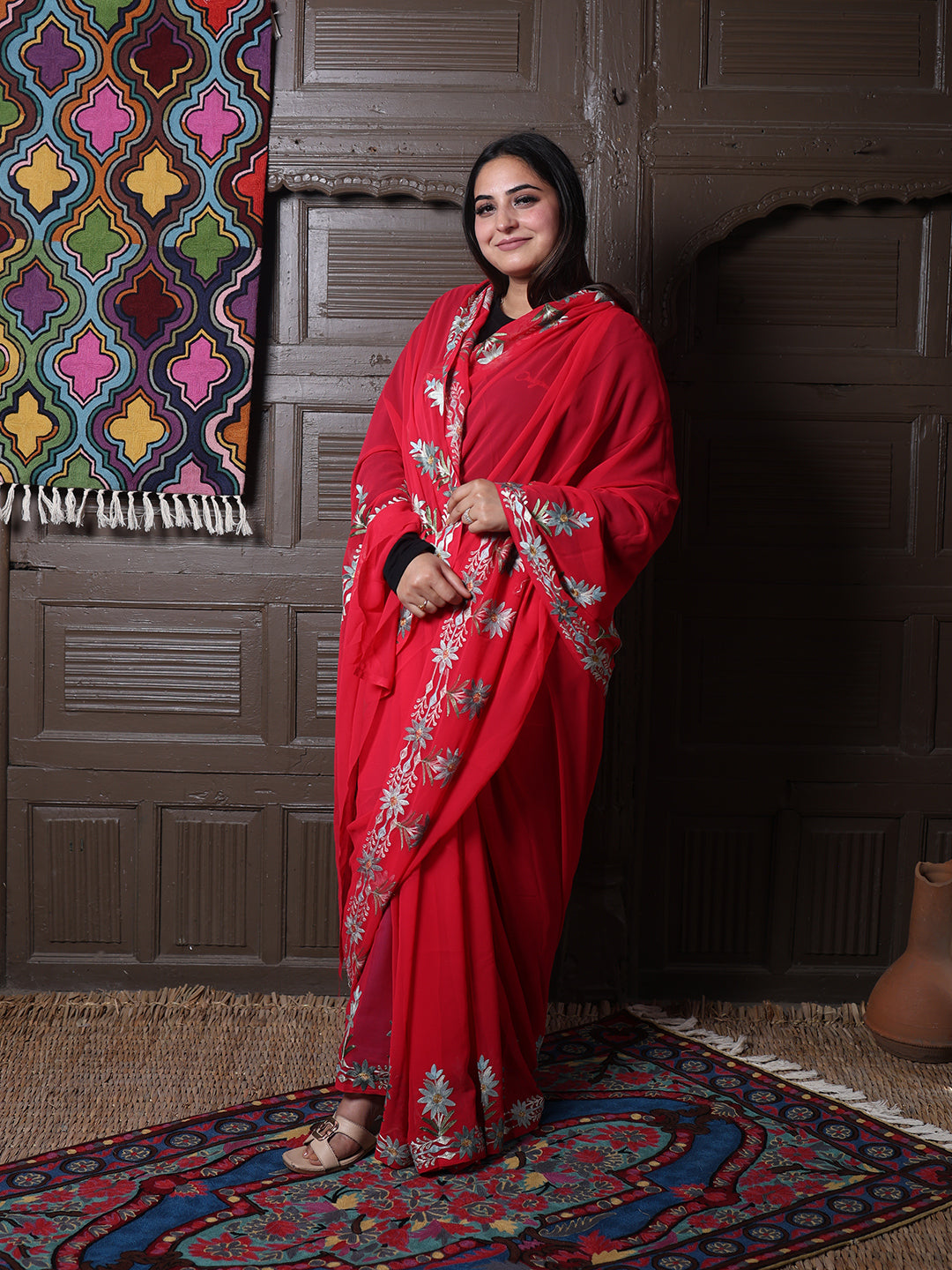 Crimson Georgette Saree with Sage Aari Floral Vines