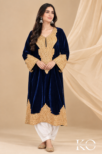 Dense gold Tilla embroidery on blue velvet Kashmiri pheran