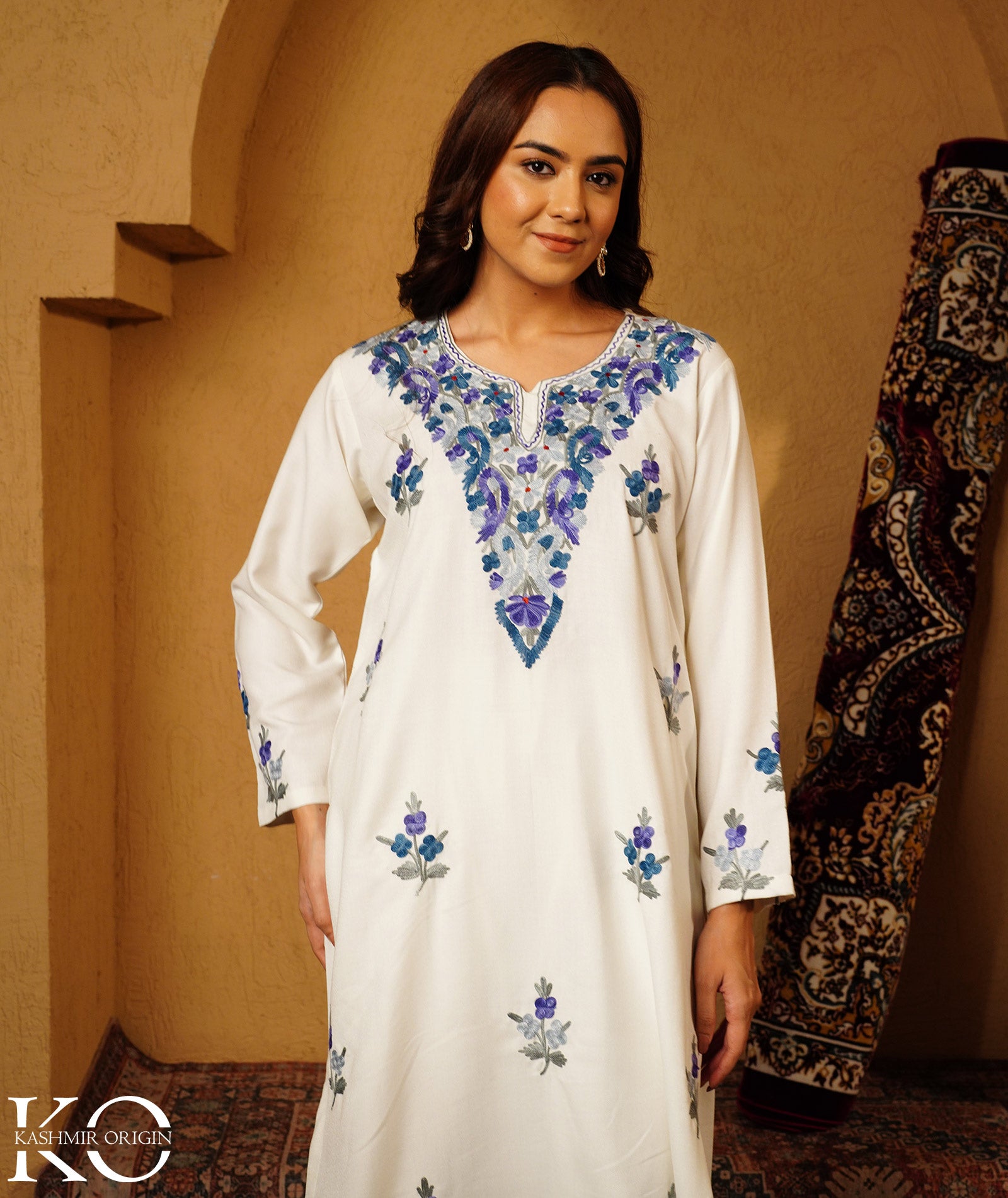 White & Blue Aari Embroidered Woolen Suit With Shawl