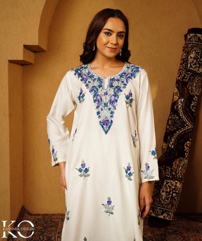 White & Blue Aari Embroidered Woolen Suit With Shawl