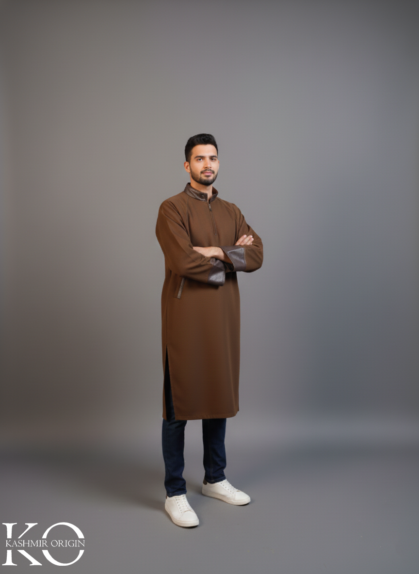 Brown Men's Mandarin Collar Pheran | Kashmiri Long Robe | Winter Phirans