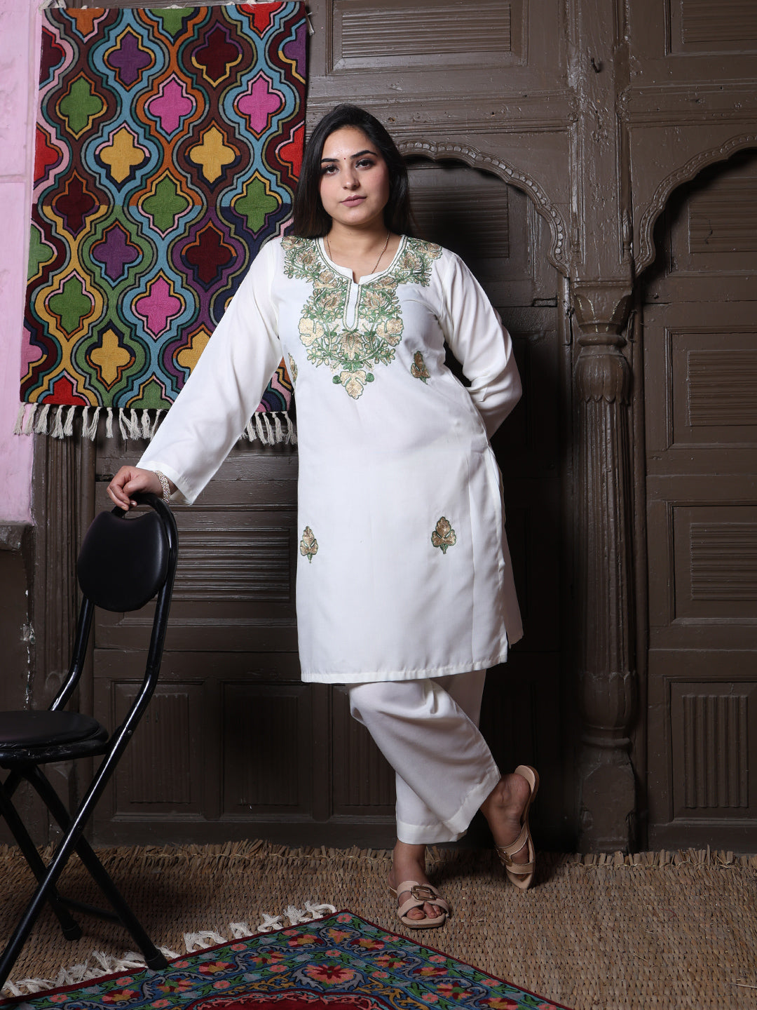 Off-White Zari & Green Aari Embroidered Kashmiri Cotton Co-Ord Set