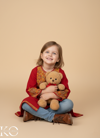 Red Top Seller Floral Aari Embroidered Woolen Kids Pheran | Girls Pheran | Kids Wear