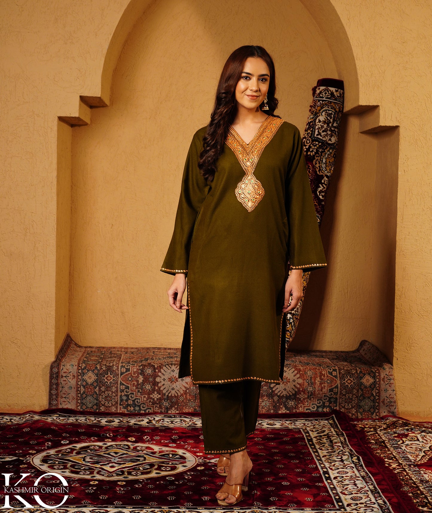 Olive Green Tilla Embroidered Woolen Co-ord Set
