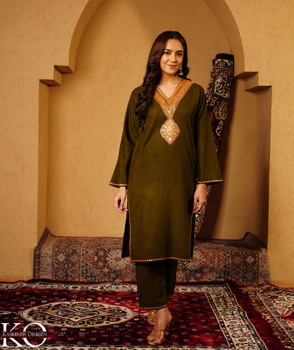 Olive Green Tilla Embroidered Woolen Co-ord Set