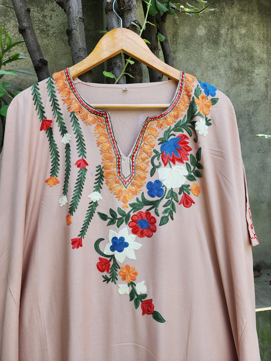 Light Rose Pink Aari Embroidered Floral Spray Rayon Cotton Kaftan with