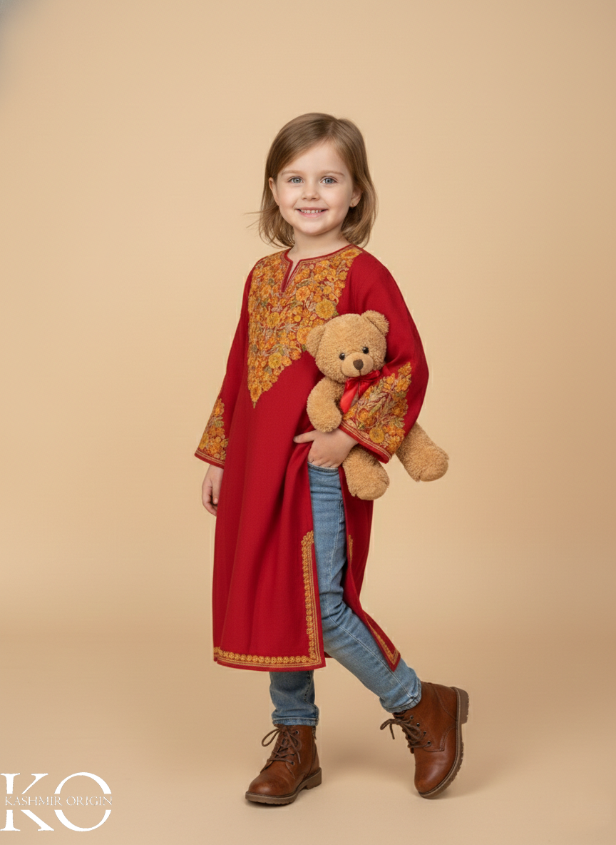 Red Top Seller Floral Aari Embroidered Woolen Kids Pheran | Girls Pheran | Kids Wear