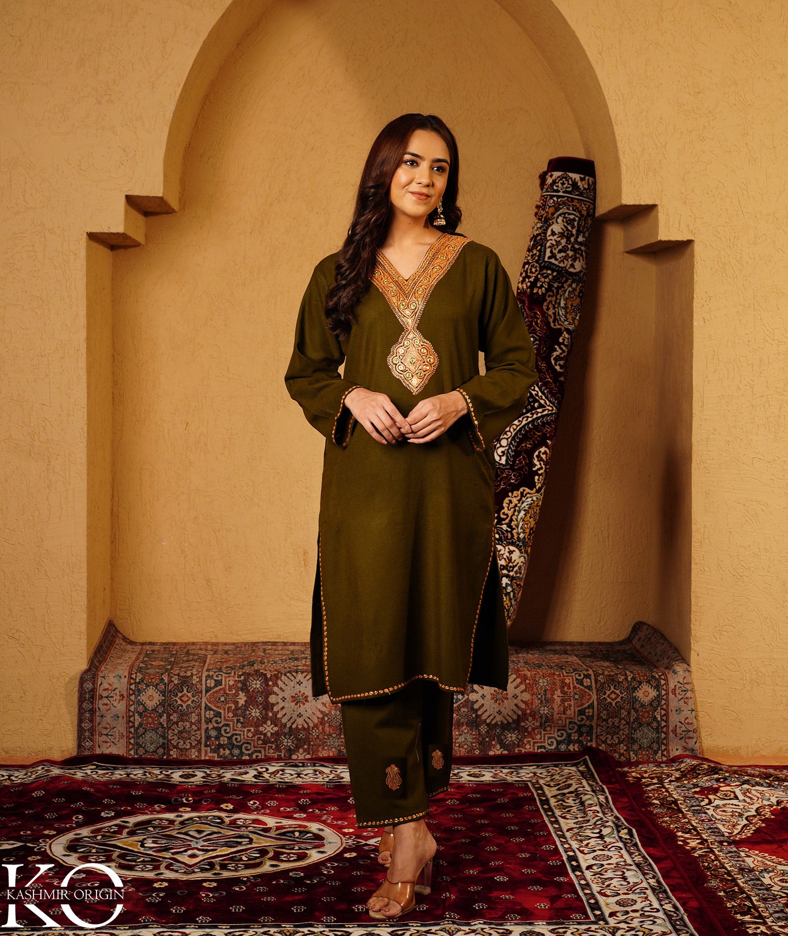 Olive Green Tilla Embroidered Woolen Co-ord Set