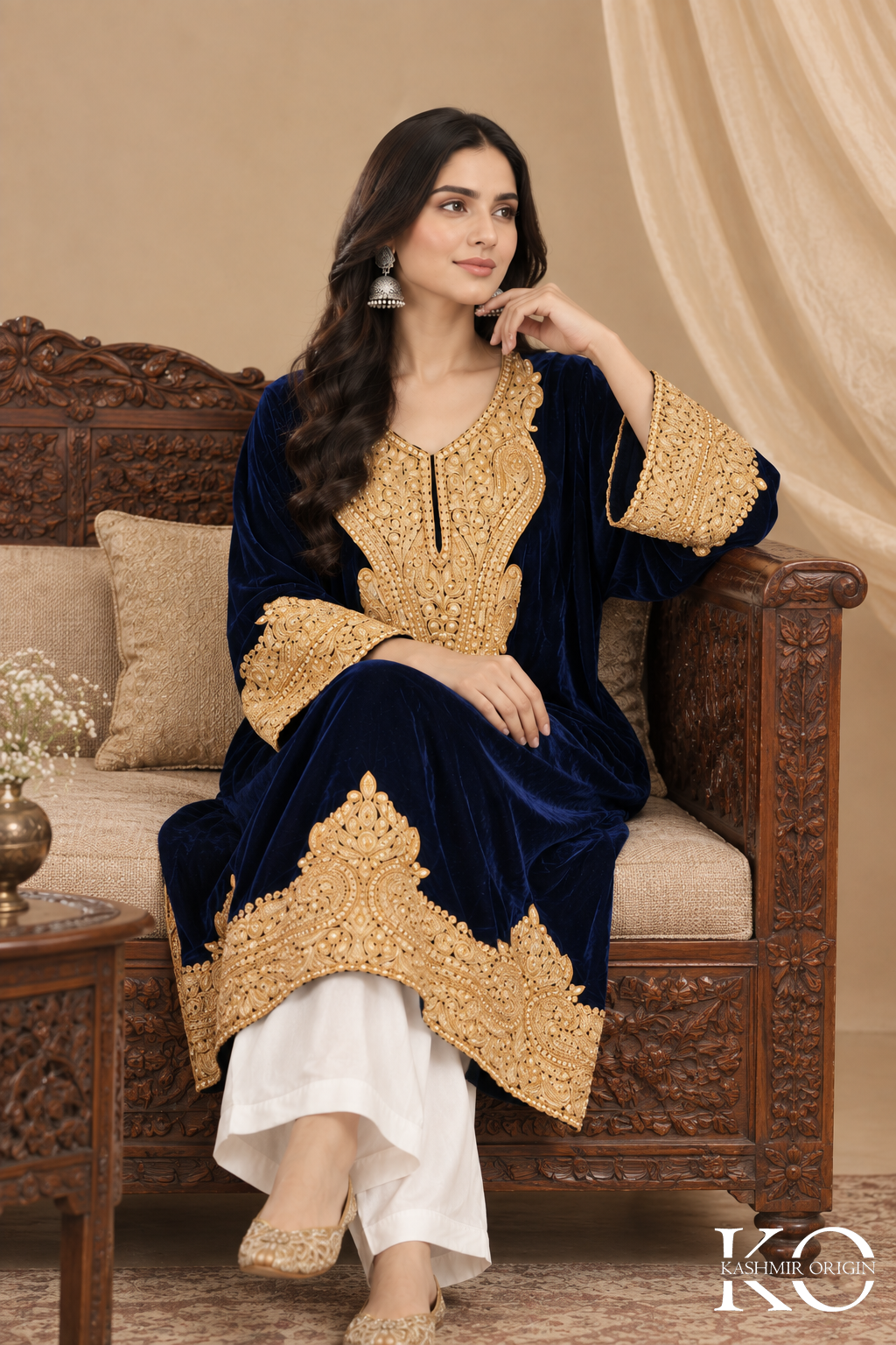 Royal blue velvet pheran with heavy Tilla motifs – Kashmir Origin