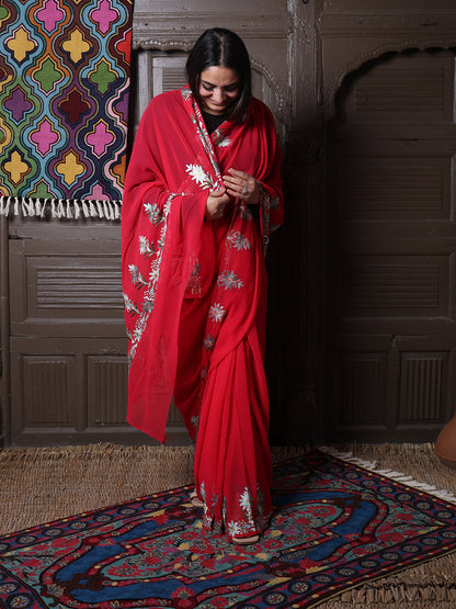 Crimson Georgette Saree with Sage Aari Floral Vines