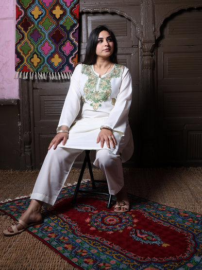 Off-White Zari & Green Aari Embroidered Kashmiri Cotton Co-Ord Set