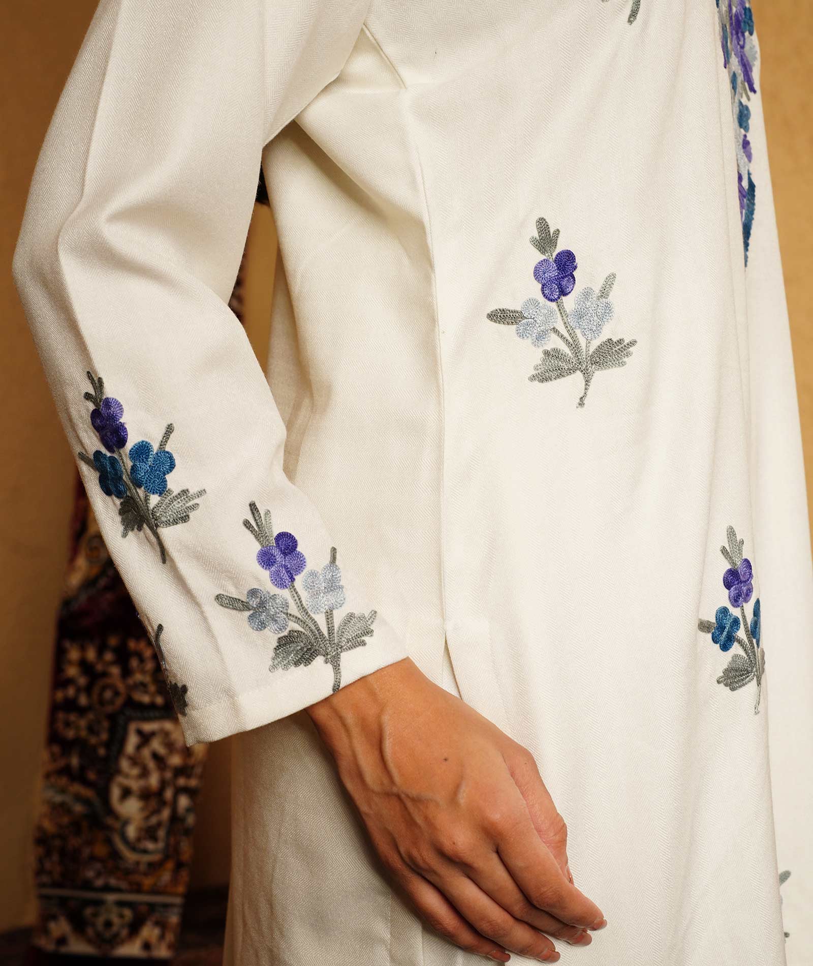 White & Blue Aari Embroidered Woolen Suit With Shawl