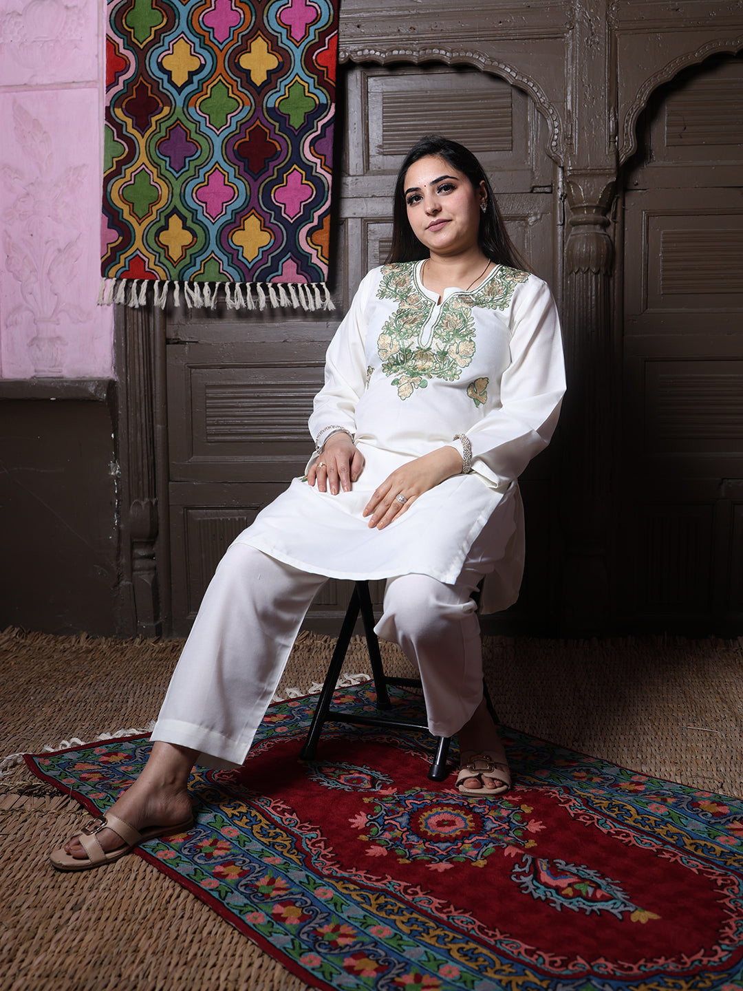 Off-White Zari & Green Aari Embroidered Kashmiri Cotton Co-Ord Set