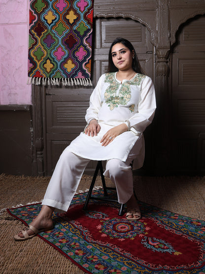 Off-White Zari & Green Aari Embroidered Kashmiri Cotton Co-Ord Set