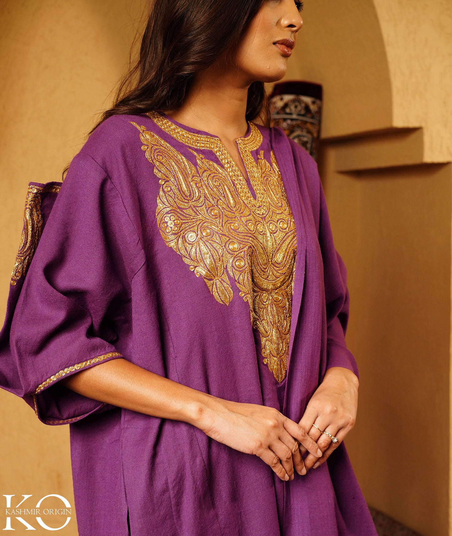 Purple Tilla Embroidered Pure Woolen Pheran Set With Shawl | Tradational Quraab Sleeve Design