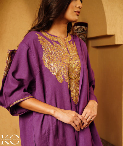 Purple Tilla Embroidered Pure Woolen Pheran Set With Shawl | Tradational Quraab Sleeve Design