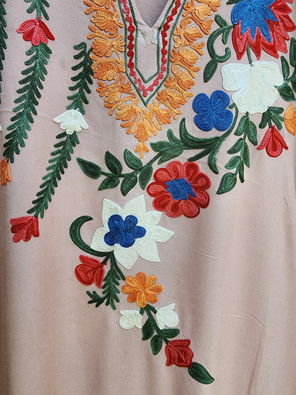 Light Rose Pink Aari Embroidered Floral Spray Rayon Cotton Kaftan with
