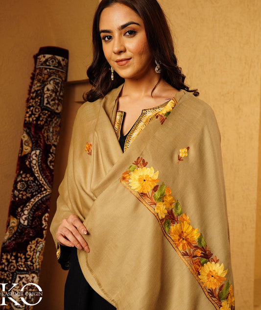 Beige Aari Embroidered Woolen Shawl