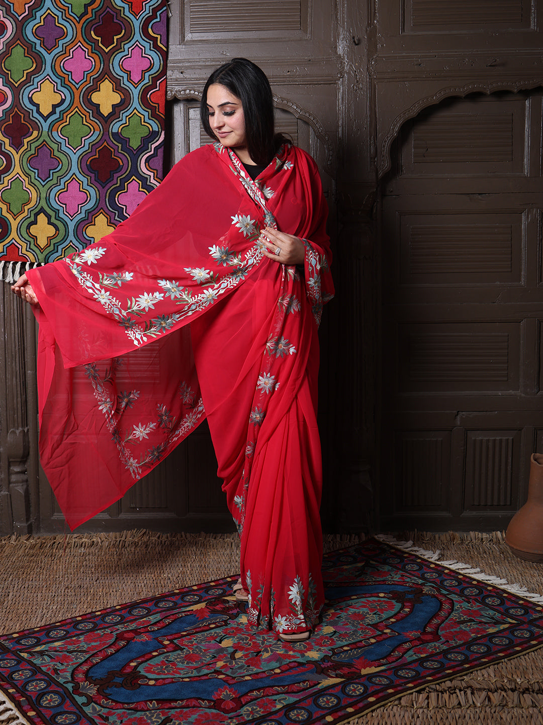 Crimson Georgette Saree with Sage Aari Floral Vines