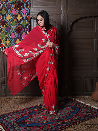 Crimson Georgette Saree with Sage Aari Floral Vines