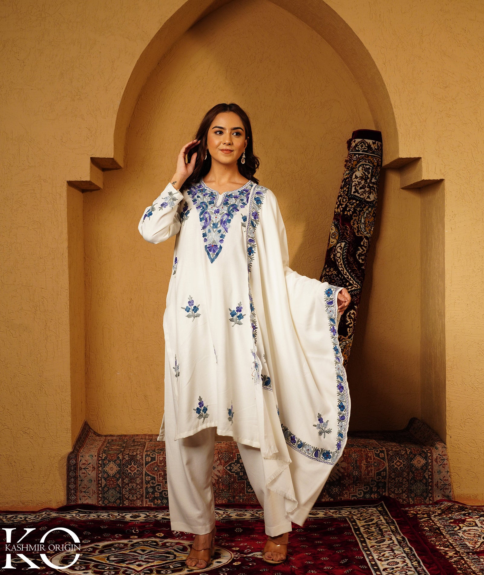 White & Blue Aari Embroidered Woolen Suit With Shawl